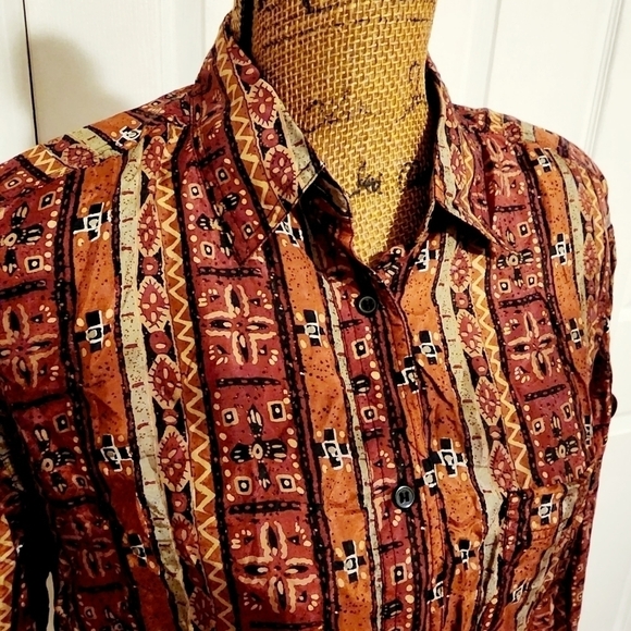 NWT Metro Express 100% Silk Brown Tribal Design Button Up Shirt Women's M Fall - Picture 4 of 10